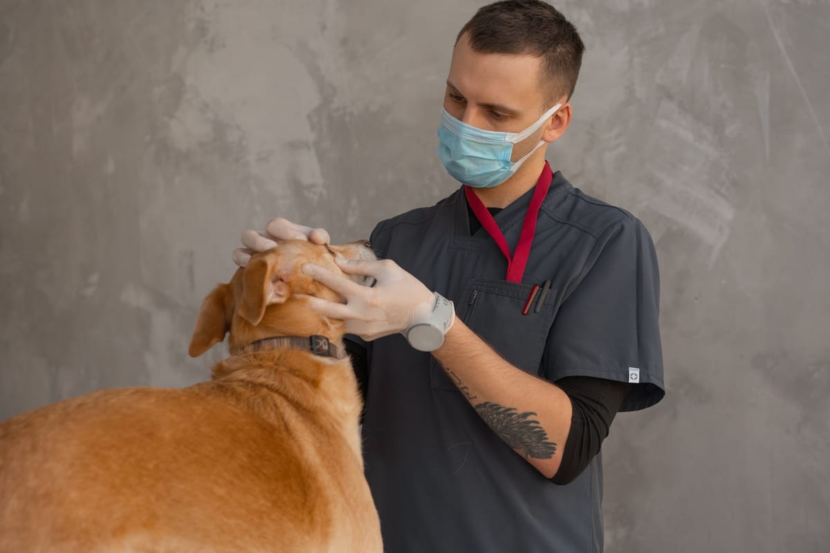 A veterinarian checking a dog's teeth and gums